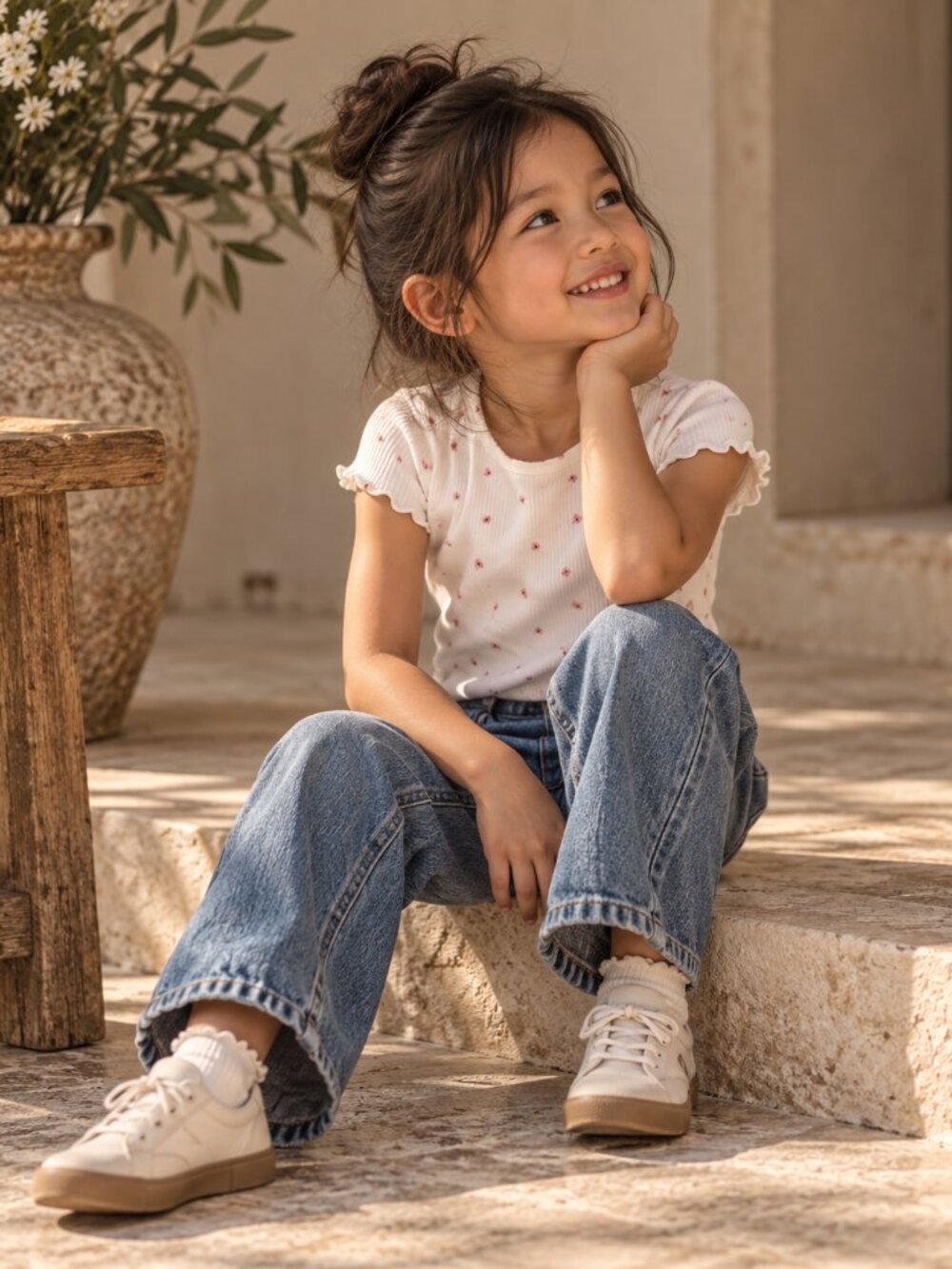 H&M Girls Ribbed Floral Tee White Pink Ditsy Print Stretch Top Size 5-6Y